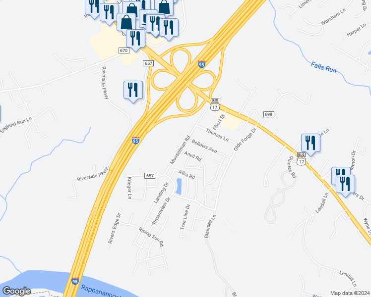 map of restaurants, bars, coffee shops, grocery stores, and more near 933 Anvil Road in Fredericksburg