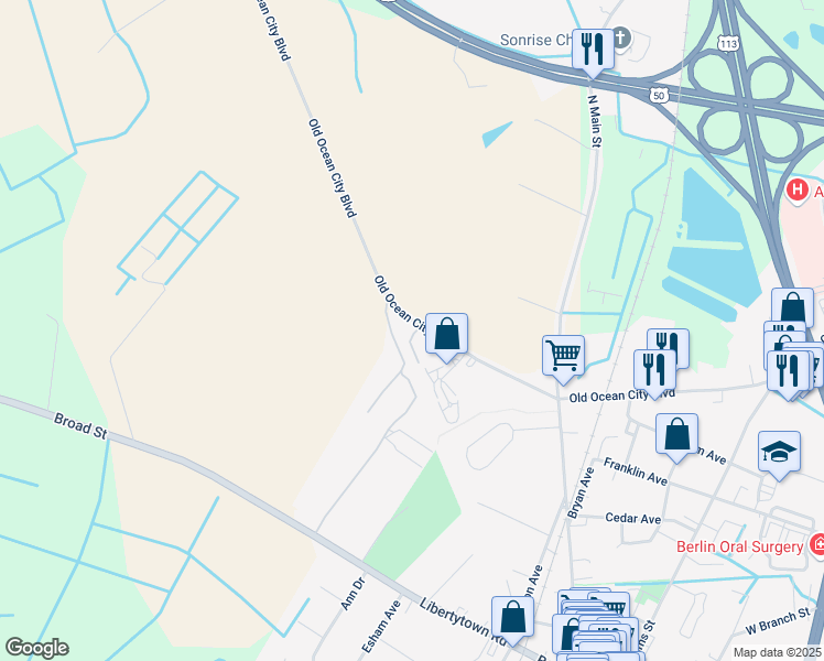 map of restaurants, bars, coffee shops, grocery stores, and more near 511 Sunlight Lane in Berlin