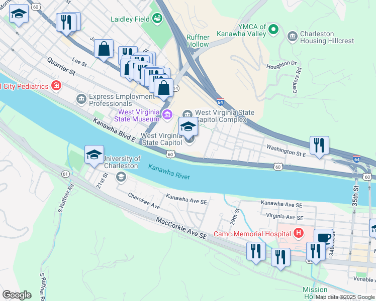 map of restaurants, bars, coffee shops, grocery stores, and more near 1900 Kanawha Boulevard East in Charleston