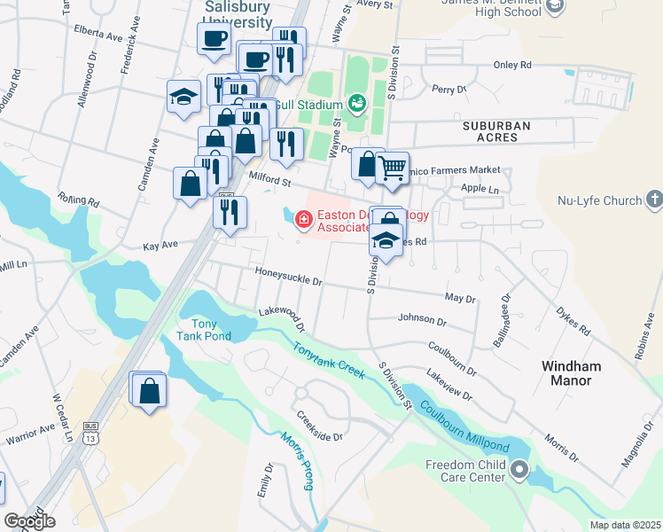 map of restaurants, bars, coffee shops, grocery stores, and more near 105 Honeysuckle Drive in Salisbury