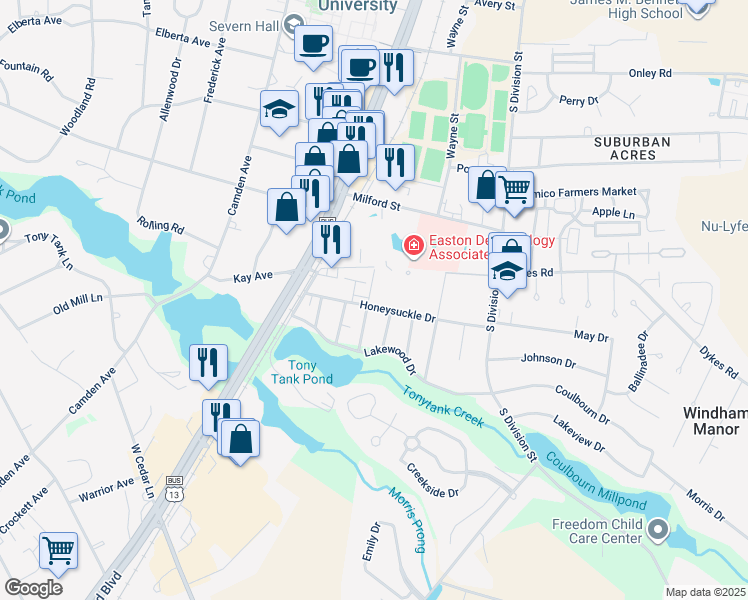 map of restaurants, bars, coffee shops, grocery stores, and more near 1416 Varsity Lane in Salisbury