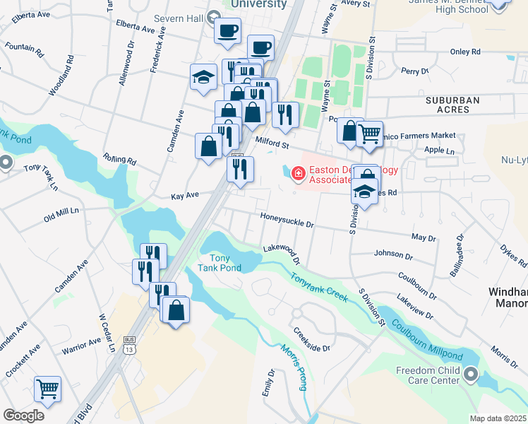 map of restaurants, bars, coffee shops, grocery stores, and more near 207 Honeysuckle Drive in Salisbury