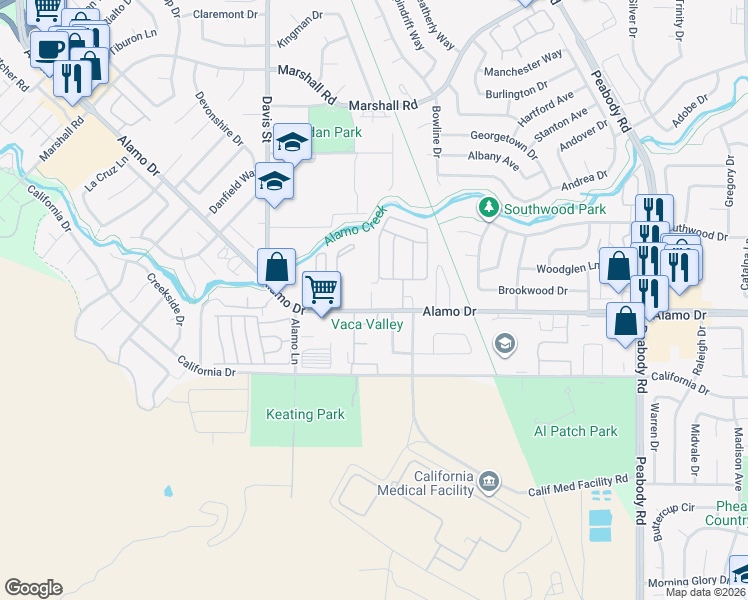 map of restaurants, bars, coffee shops, grocery stores, and more near 1511 Alamo Drive in Vacaville