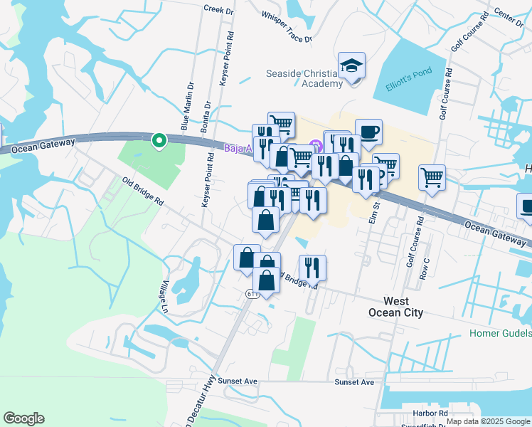 map of restaurants, bars, coffee shops, grocery stores, and more near 9921 Stephen Decatur Highway in Ocean City