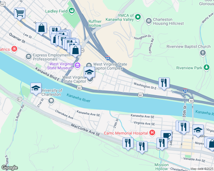 map of restaurants, bars, coffee shops, grocery stores, and more near 2026 California Avenue in Charleston