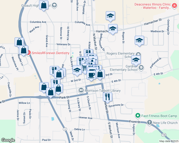 map of restaurants, bars, coffee shops, grocery stores, and more near 118 West Mill Street in Waterloo