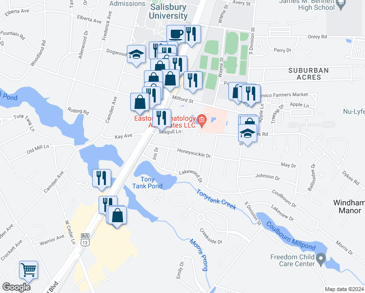 map of restaurants, bars, coffee shops, grocery stores, and more near 1413 Varsity Lane in Salisbury