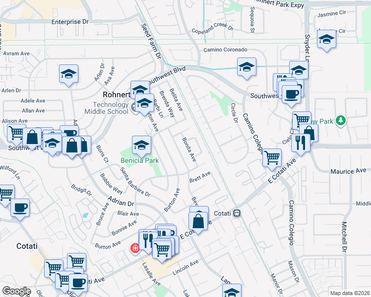 map of restaurants, bars, coffee shops, grocery stores, and more near 7617 Bonita Avenue in Rohnert Park