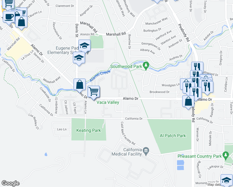 map of restaurants, bars, coffee shops, grocery stores, and more near 1566 Alamo Drive in Vacaville