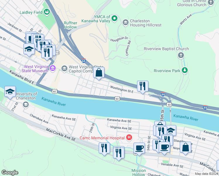 map of restaurants, bars, coffee shops, grocery stores, and more near 4 Alley in Charleston
