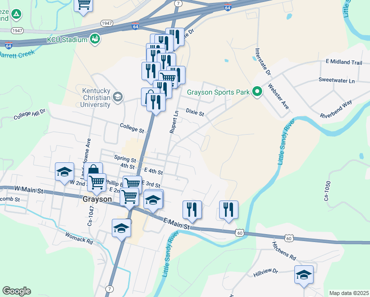 map of restaurants, bars, coffee shops, grocery stores, and more near Armstrong Street in Grayson