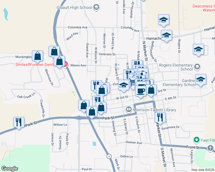 map of restaurants, bars, coffee shops, grocery stores, and more near 500 West Mill Street in Waterloo