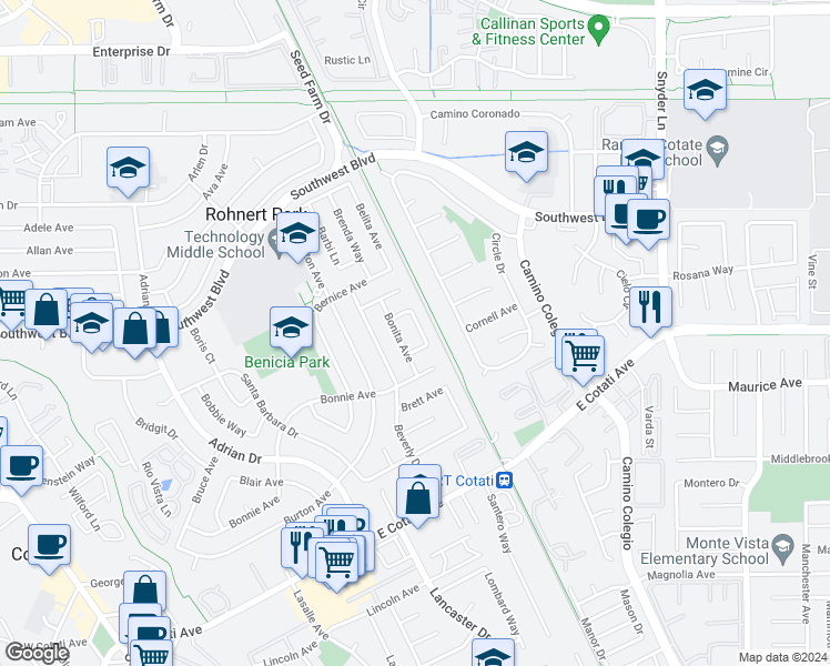 map of restaurants, bars, coffee shops, grocery stores, and more near 7629 Beth Court in Rohnert Park