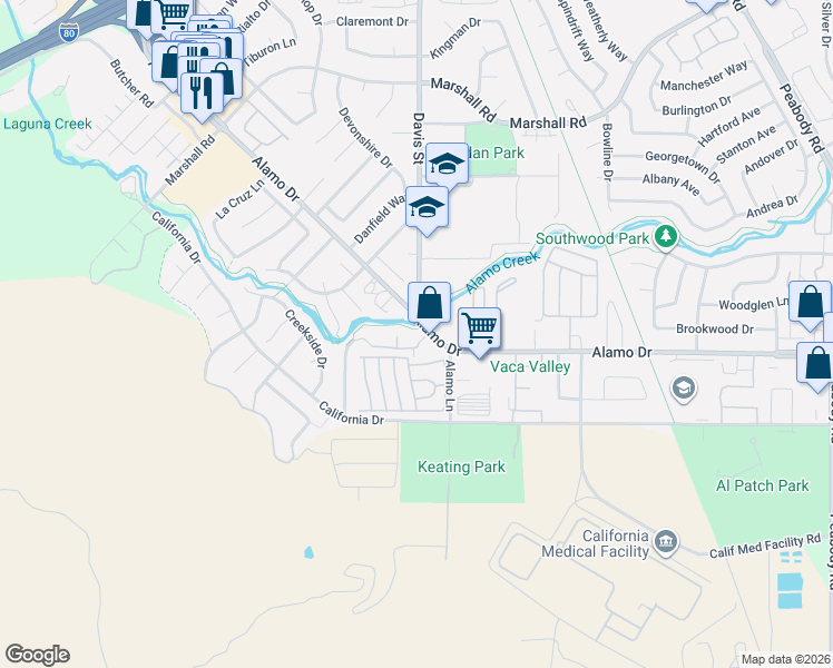 map of restaurants, bars, coffee shops, grocery stores, and more near 1424 Alamo Drive in Vacaville