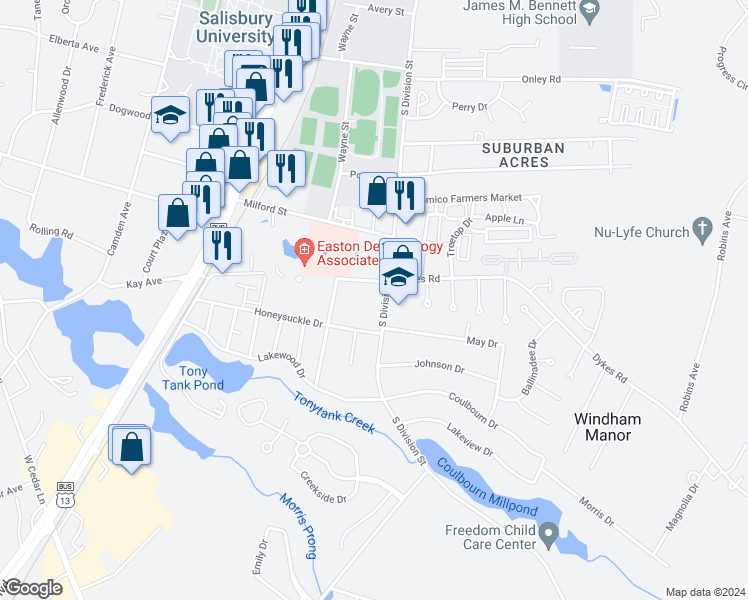 map of restaurants, bars, coffee shops, grocery stores, and more near 1402 South Division Street in Salisbury