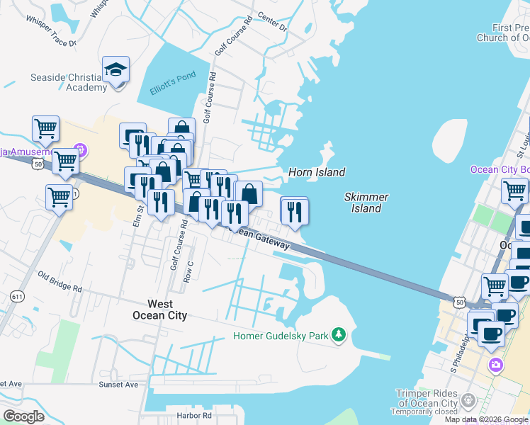 map of restaurants, bars, coffee shops, grocery stores, and more near 12910 Sand Bar Lane in Ocean City