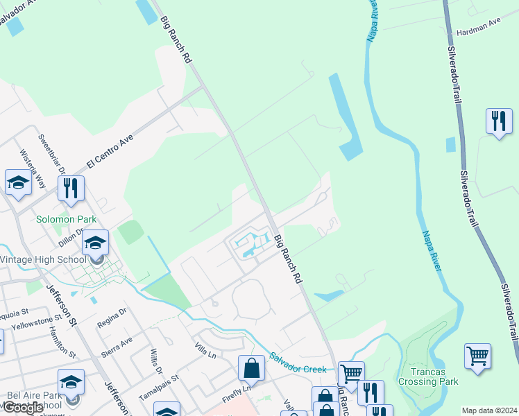 map of restaurants, bars, coffee shops, grocery stores, and more near 1438 Rosewood Lane in Napa