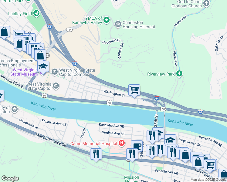 map of restaurants, bars, coffee shops, grocery stores, and more near 2321 Chesapeake Avenue in Charleston