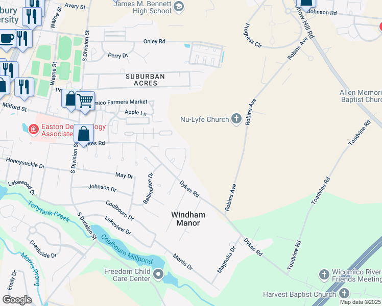 map of restaurants, bars, coffee shops, grocery stores, and more near 1325 Aspen Drive in Salisbury