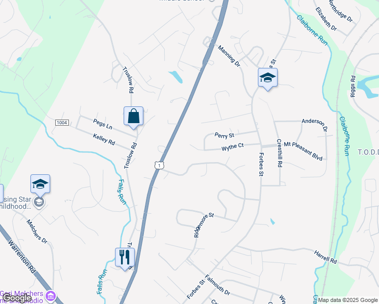 map of restaurants, bars, coffee shops, grocery stores, and more near 1121 Wythe Court in Fredericksburg