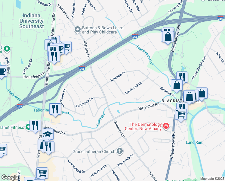 map of restaurants, bars, coffee shops, grocery stores, and more near 3712 Klerner Lane in New Albany