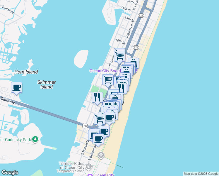 map of restaurants, bars, coffee shops, grocery stores, and more near 407 North Philadelphia Avenue in Ocean City