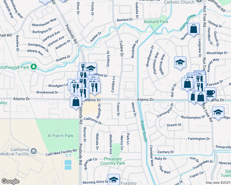 map of restaurants, bars, coffee shops, grocery stores, and more near 203 Catalpa Lane in Vacaville