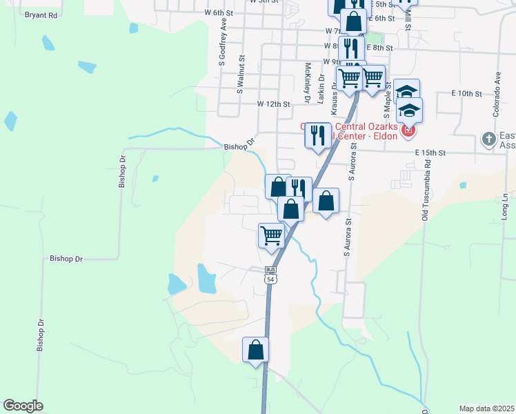 map of restaurants, bars, coffee shops, grocery stores, and more near Hilltop Road in Eldon