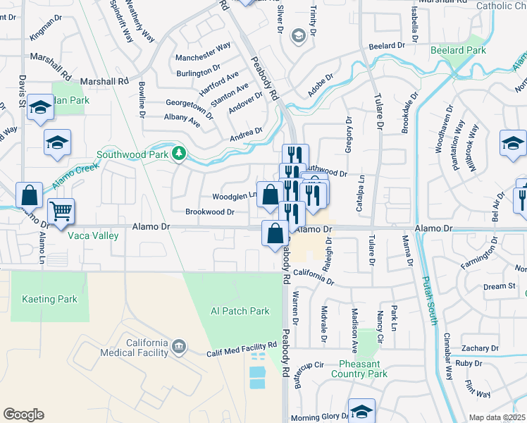 map of restaurants, bars, coffee shops, grocery stores, and more near 1900 Wildwood Lane in Vacaville