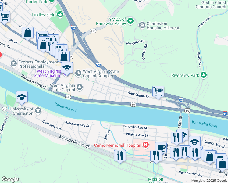 map of restaurants, bars, coffee shops, grocery stores, and more near 2106 Kanawha Boulevard East in Charleston