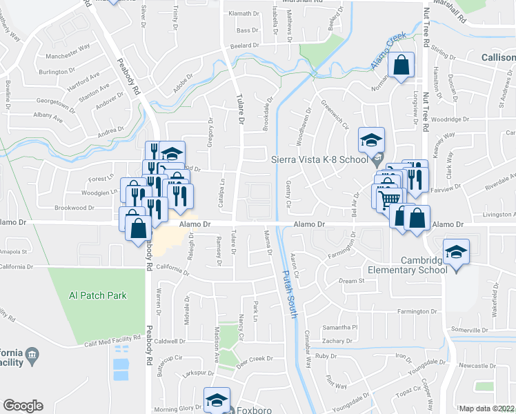 map of restaurants, bars, coffee shops, grocery stores, and more near 901 Sara Court in Vacaville