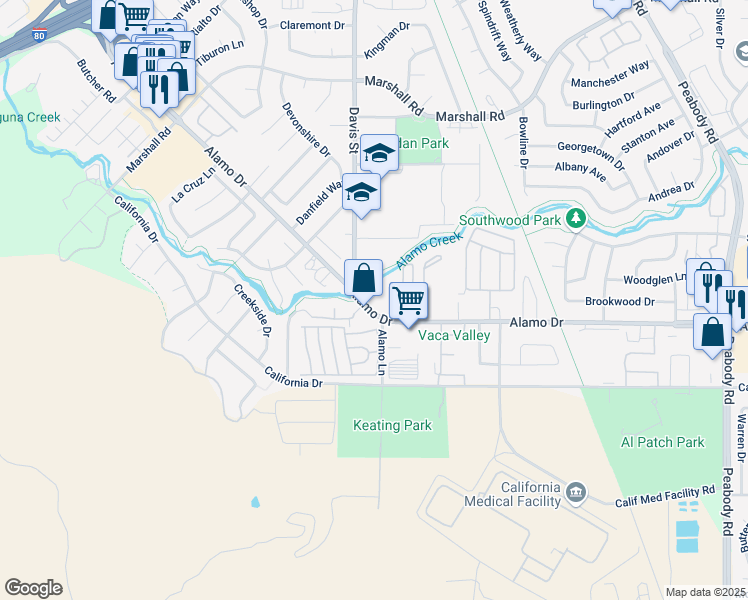 map of restaurants, bars, coffee shops, grocery stores, and more near 1417 Alamo Drive in Vacaville