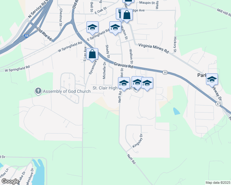map of restaurants, bars, coffee shops, grocery stores, and more near 1307 Neff Road in Saint Clair