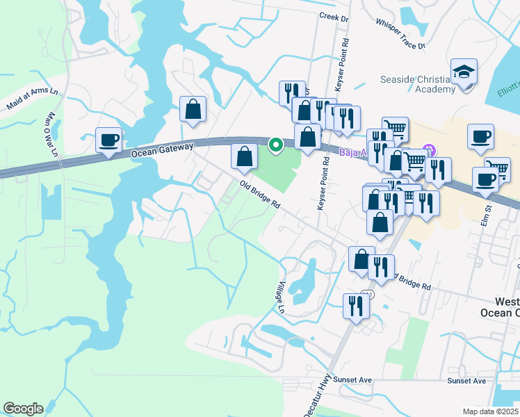 map of restaurants, bars, coffee shops, grocery stores, and more near 7802 Coastal Highway in Ocean City