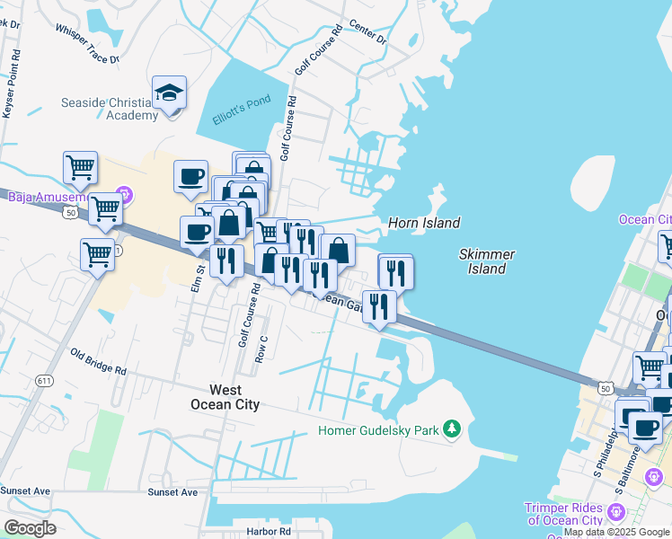 map of restaurants, bars, coffee shops, grocery stores, and more near 12906 Sand Bar Lane in Ocean City