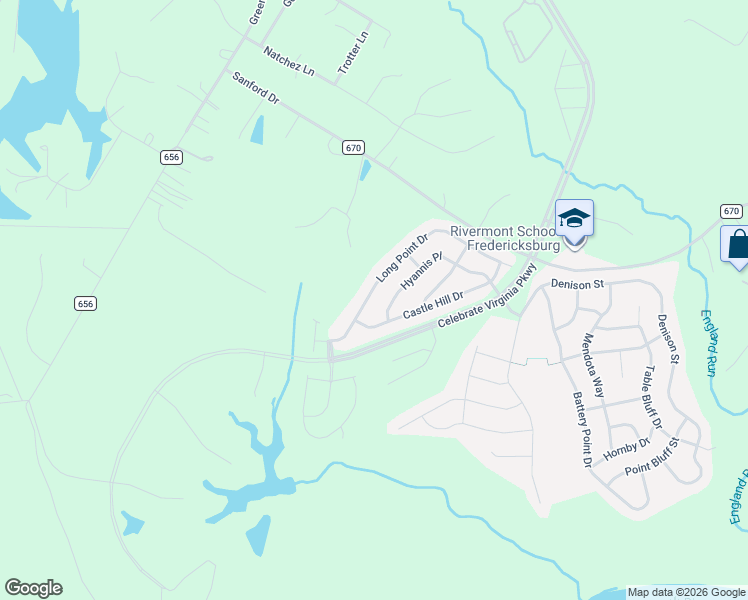 map of restaurants, bars, coffee shops, grocery stores, and more near 160 Long Point Drive in Fredericksburg