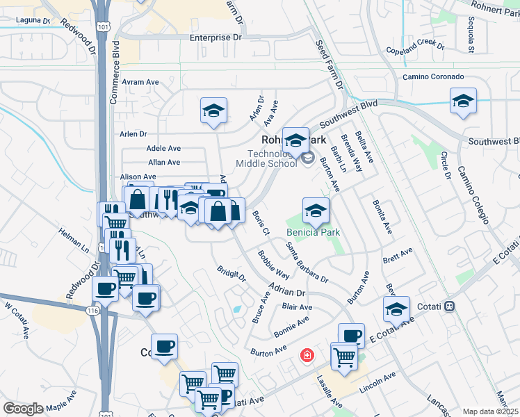 map of restaurants, bars, coffee shops, grocery stores, and more near 421 Alta Avenue in Rohnert Park