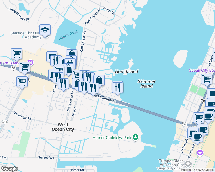 map of restaurants, bars, coffee shops, grocery stores, and more near 12910 Sand Bar Lane in Ocean City