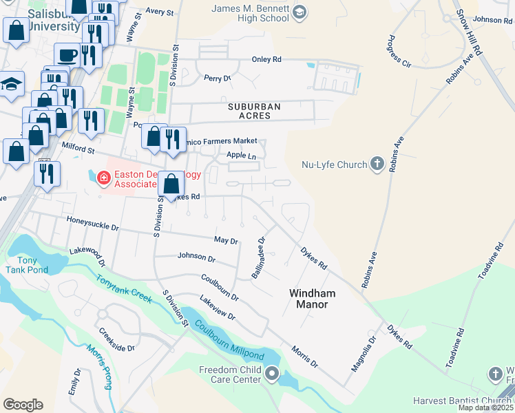 map of restaurants, bars, coffee shops, grocery stores, and more near 201 Winterborn Lane in Salisbury