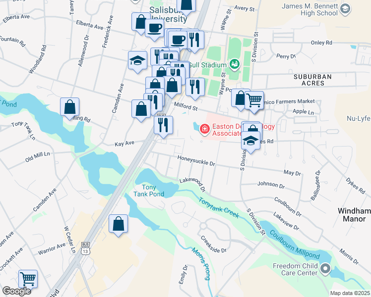 map of restaurants, bars, coffee shops, grocery stores, and more near in Salisbury