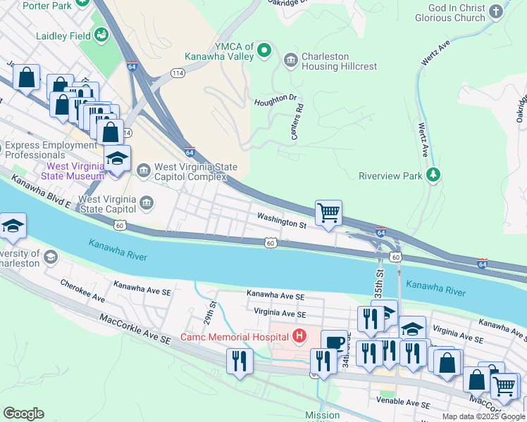 map of restaurants, bars, coffee shops, grocery stores, and more near Interstate 64 in Charleston