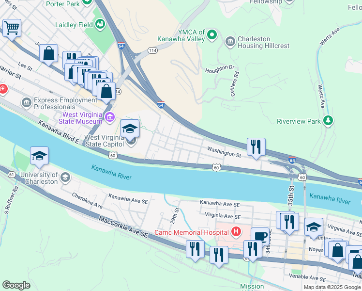 map of restaurants, bars, coffee shops, grocery stores, and more near Virginia Terrace in Charleston
