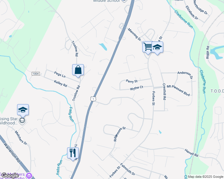 map of restaurants, bars, coffee shops, grocery stores, and more near 1121 Wythe Court in Fredericksburg