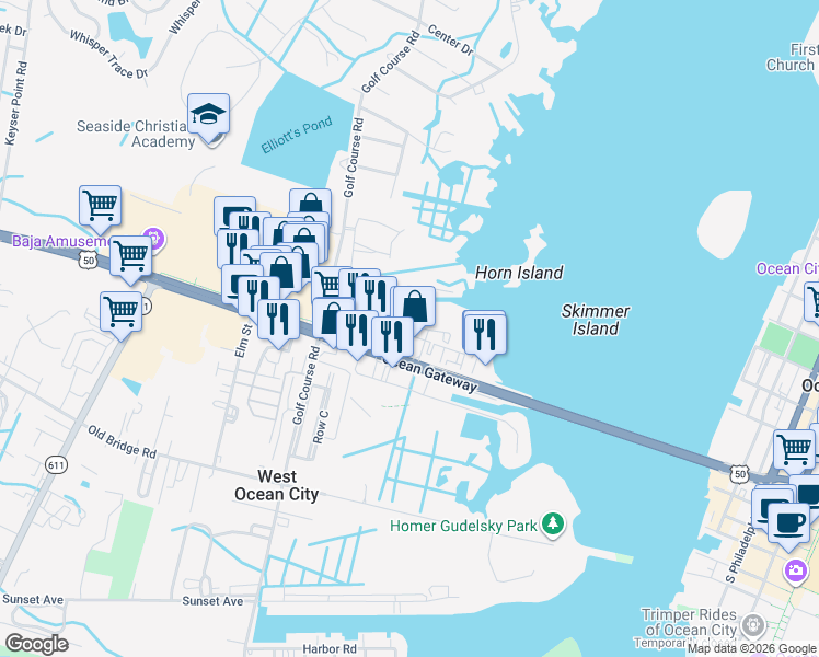 map of restaurants, bars, coffee shops, grocery stores, and more near 12906 Sand Bar Lane in Ocean City