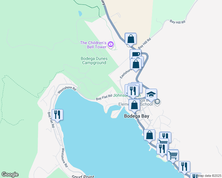 map of restaurants, bars, coffee shops, grocery stores, and more near 1489 Bay Flat Road in Bodega Bay