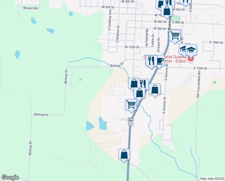 map of restaurants, bars, coffee shops, grocery stores, and more near Hilltop Rd in Eldon