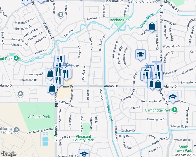 map of restaurants, bars, coffee shops, grocery stores, and more near 901 Sara Court in Vacaville