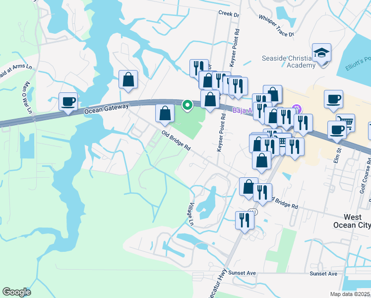 map of restaurants, bars, coffee shops, grocery stores, and more near 12430 Old Bridge Road in Ocean City