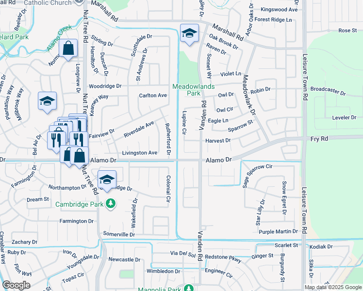 map of restaurants, bars, coffee shops, grocery stores, and more near 107 Harvest Drive in Vacaville