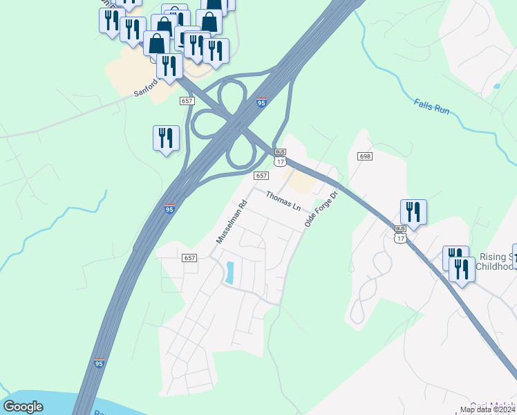 map of restaurants, bars, coffee shops, grocery stores, and more near 915 Bellows Avenue in Fredericksburg